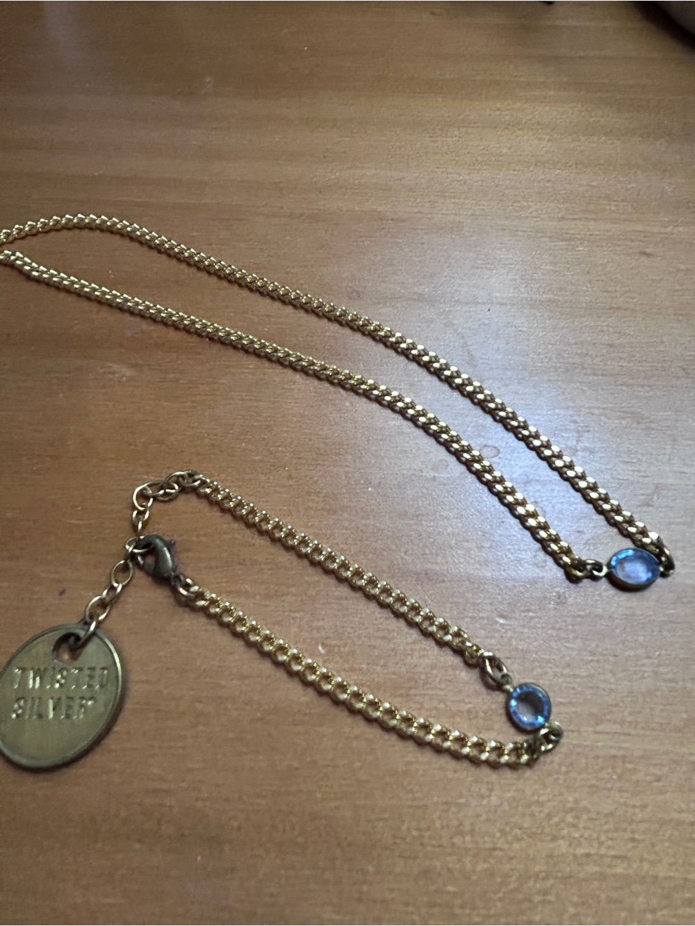 Twisted Silver Gold Tone Chain Necklace and Bracelet Set with Blue Glass Accents